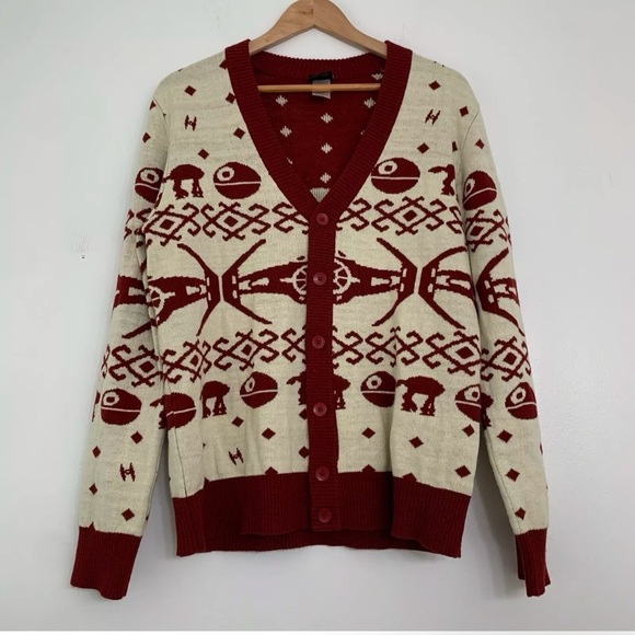 Star Wars Other - Star Wars Men’s Size Medium Red Cream Cardigan Sweater